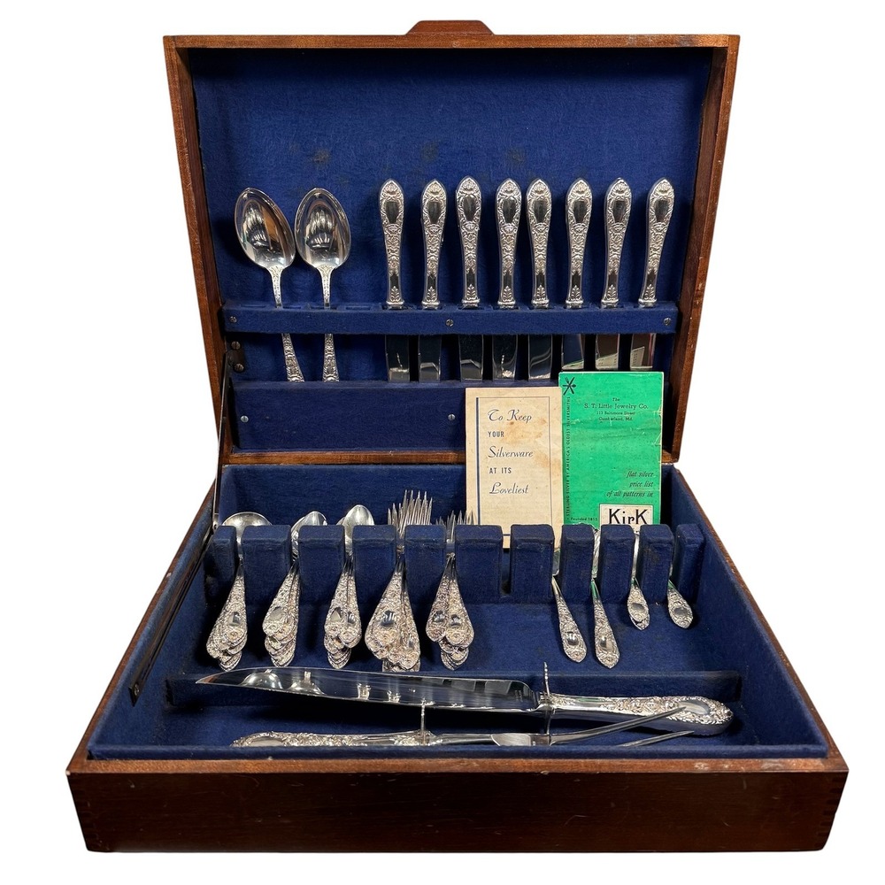 Kirk & Son Kirk Rose Flatware Set Sterling Silver Floral 57pc Service w Case VTG